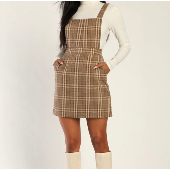 Lulus Dresses & Skirts - Lulus Plaid To Be Yours Brown Pinafore Mini Dress Medium Square Neck Fall
